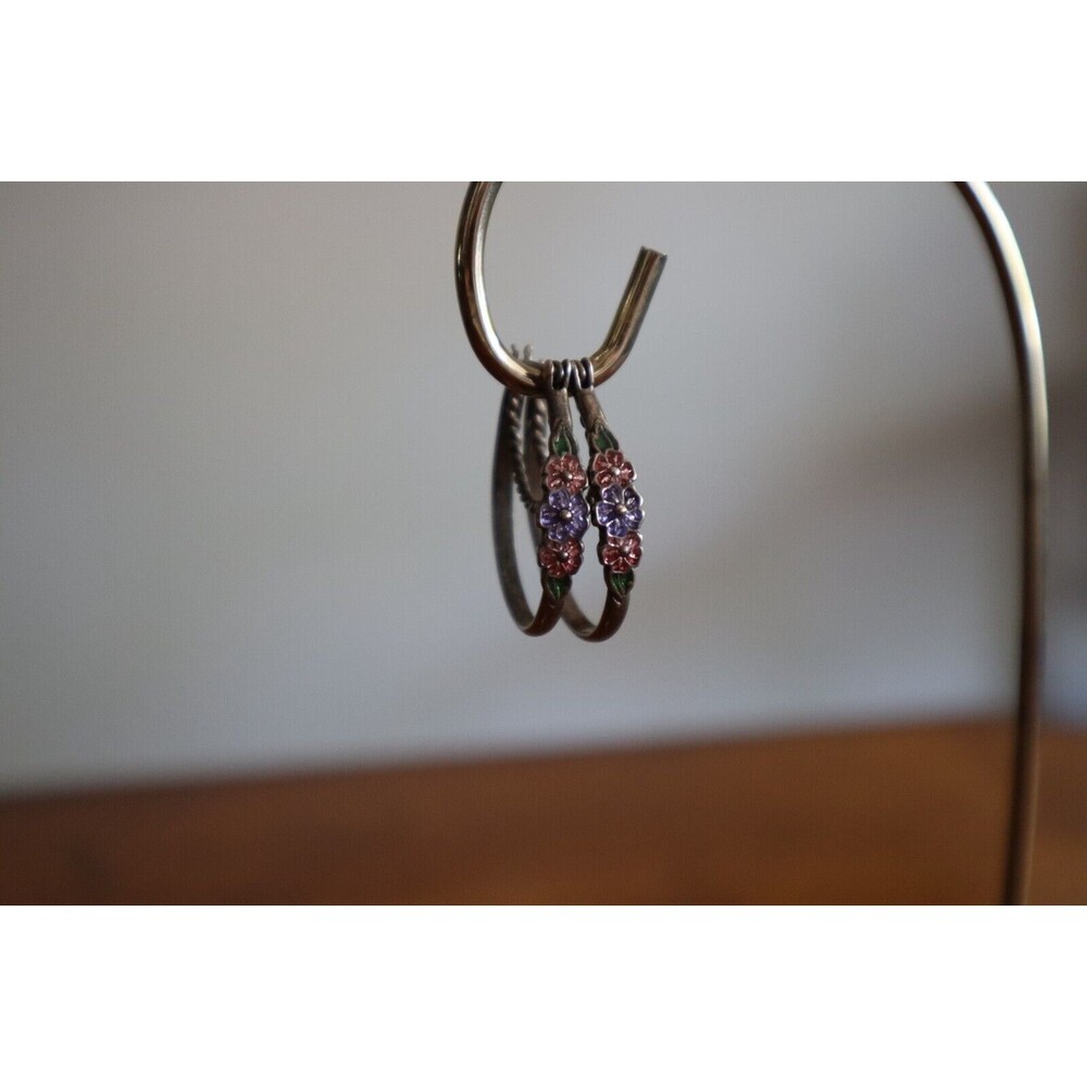 Vintage NV Nevada Silver Mine Sterling 925 Double Hoop Earrings Enamel Flower - Picture 12 of 12